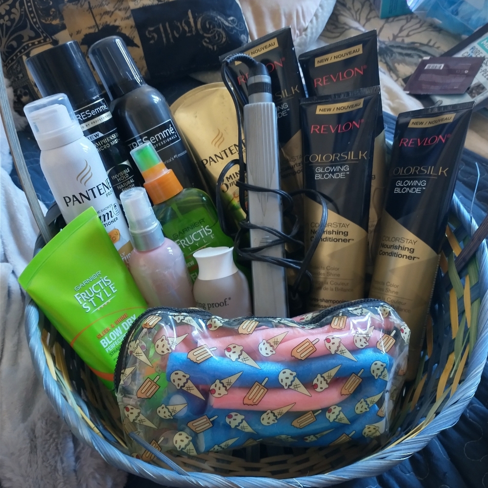 Large gift basket of hair products.